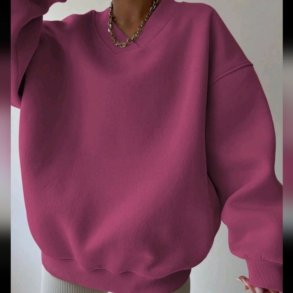 Solid Color V-Neck Drop Shoulder Loose Sweatshirt - Picture 2 of 4